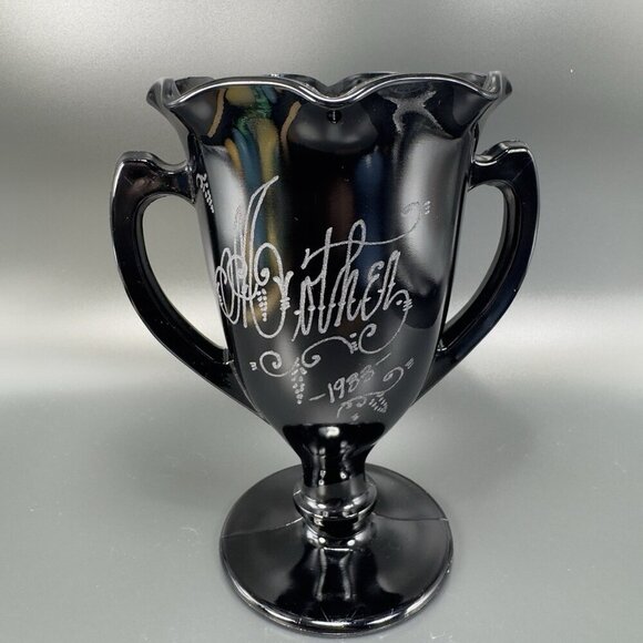 L E Smith Black Amethyst Glass Dancing Nymphs Trophy Glass Vase Etched Vintage - Picture 7 of 14